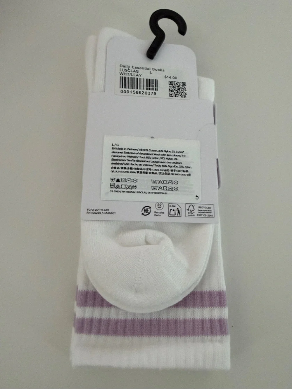 Lululemon - Daily Essential  Socks - Crew Length - Size L - NWT